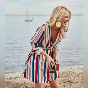 Jet Set Diaries Striped Wrap Multicolored V-Neck Long Sleeve Dress